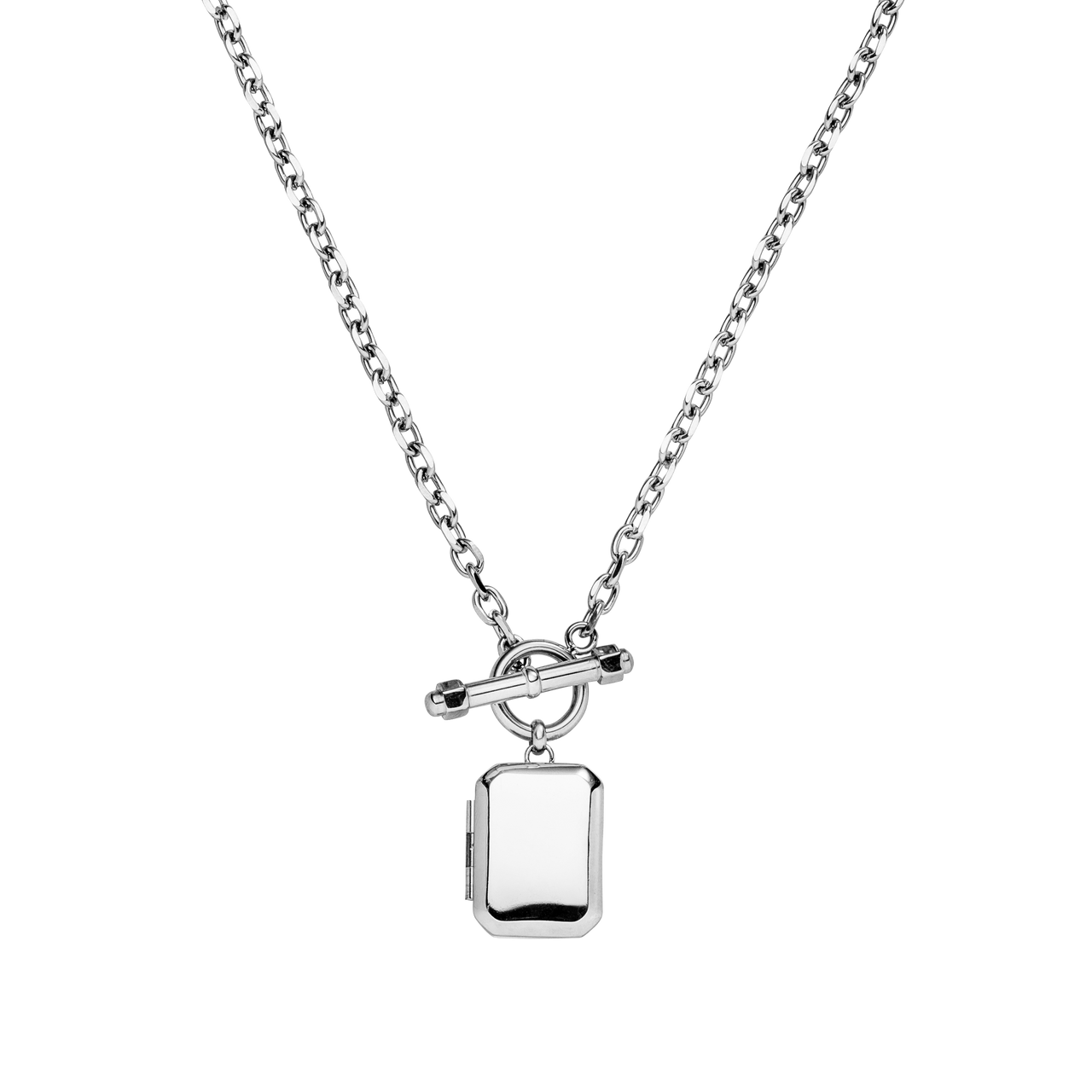 Silberne Kette mit rechteckigem Anhänger und Toggle-Verschluss von PURELEI, modern und elegant.