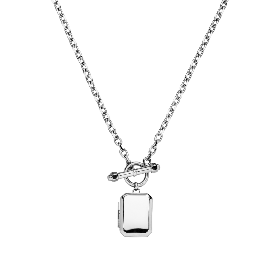 Silberne Kette mit rechteckigem Anhänger und Toggle-Verschluss von PURELEI, modern und elegant.