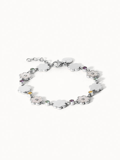 Silbernes Armband mit Blumenmotiven und funkelnden Steinen von PURELEI.