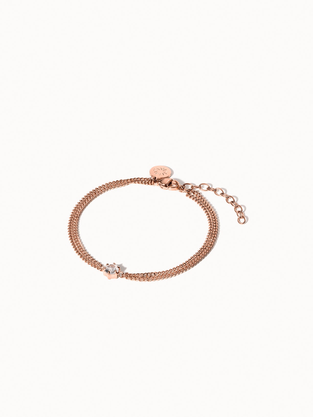 Create Moments Armband von PURELEI in Roségold mit zartem Glitzerstein, elegant und nickelfrei auf hellem Hintergrund.