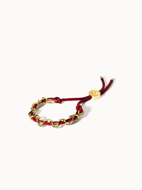 PURELEI Share Aloha Armband mit rotem Band und goldfarbenen Gliedern, elegant und vielseitig kombinierbar, nickelfrei.