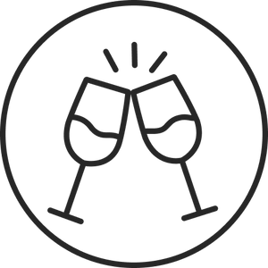 Zwei stilisierte Gläser stoßen an, symbolisieren Freude und Feierlichkeit – PURELEI.