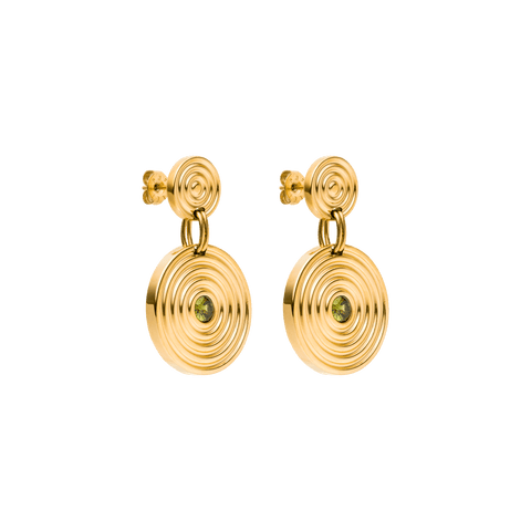 PURELEI Artistic Ohrringe in 18K Gold mit rundem Design und grünem Zierstein, elegant und feminin.