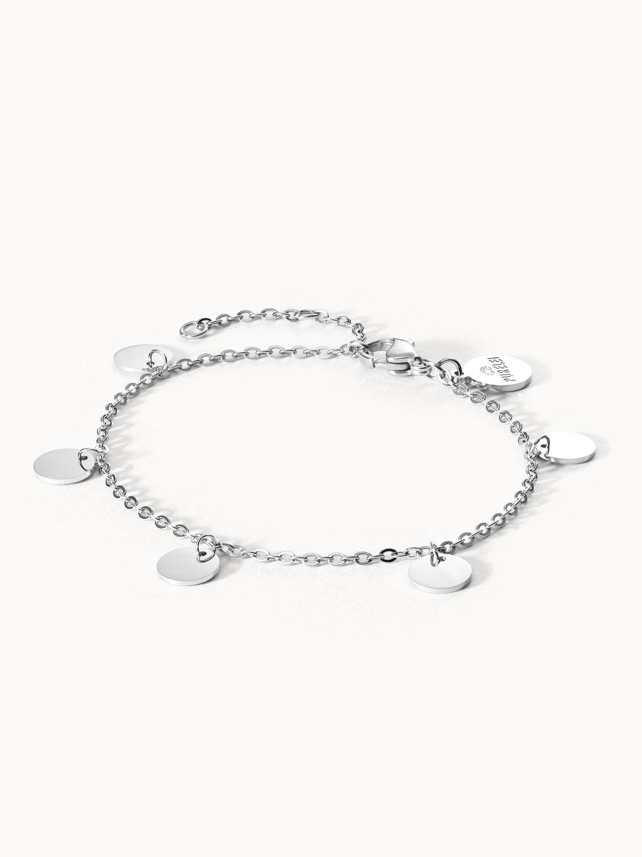 PURELEI Kalea Fusskettchen aus nickelfreiem Silber mit fünf runden Anhängern, elegant und zeitlos.