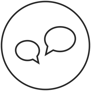 PURELEI-Symbol mit zwei Sprechblasen in minimalistischer, klarer Linienführung.