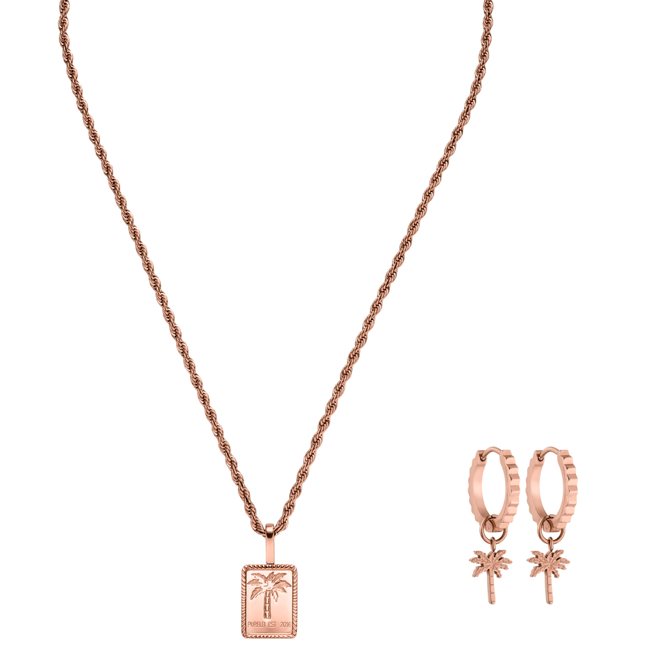 Roségoldene Kette mit Palmenanhänger und passenden Ohrringen von PURELEI.