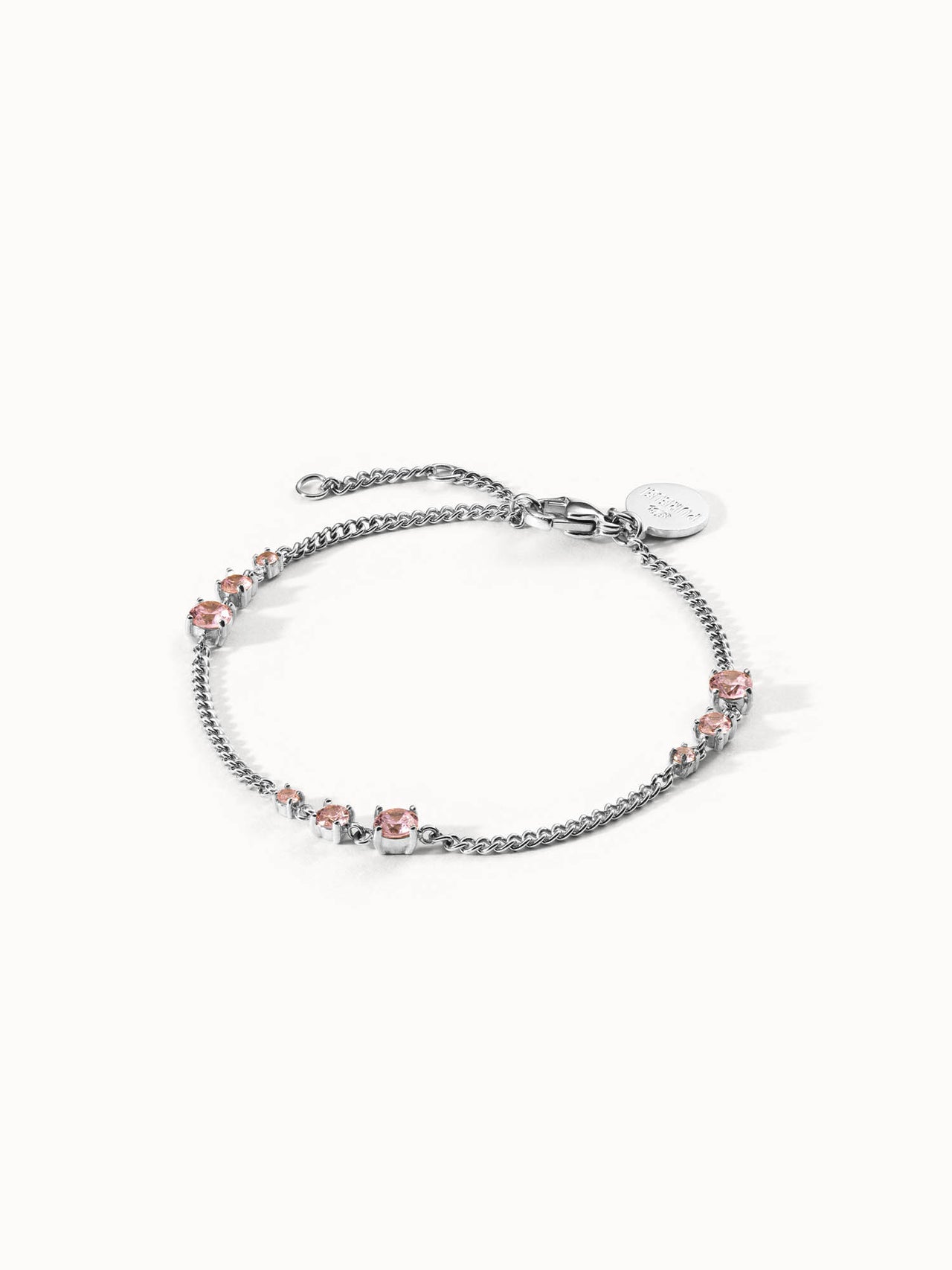 Silbernes Armband mit rosa Steinen, elegant und feminin, von PURELEI.