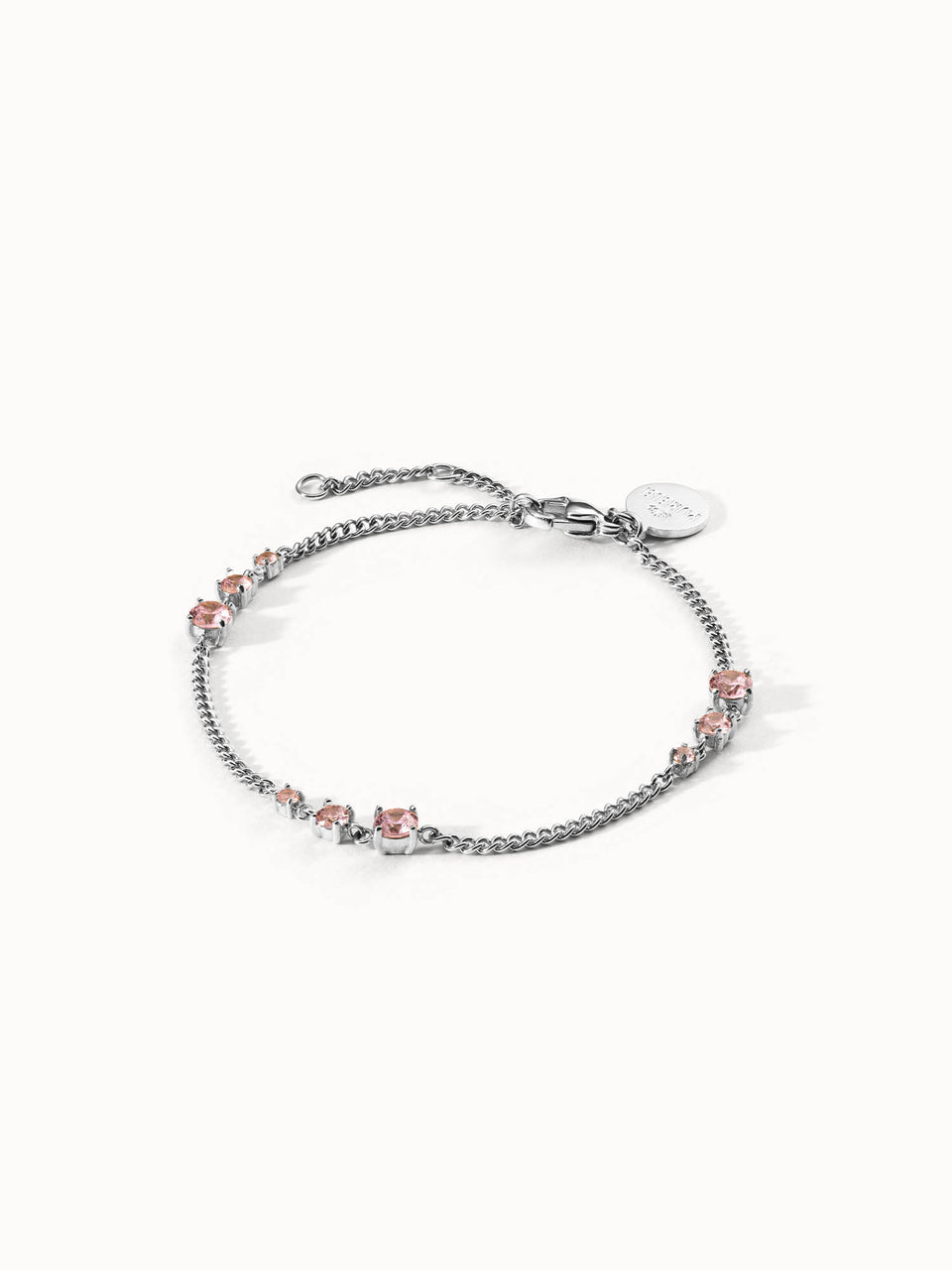 Silbernes Armband mit rosa Steinen, elegant und feminin, von PURELEI.