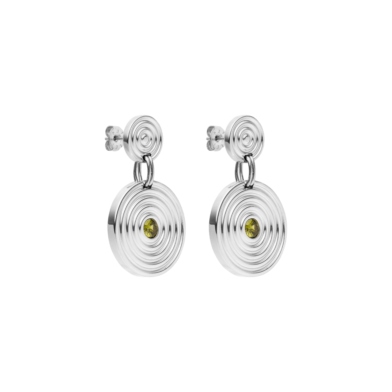 Artistic Ohrringe aus nickelfreiem Silber mit runden Kreisen und grünem Zierstein, pure, elegante Ästhetik von PURELEI