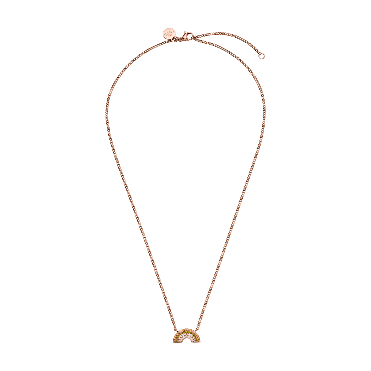 Roségoldene Kette mit Regenbogen-Anhänger von PURELEI, elegant und verspielt.