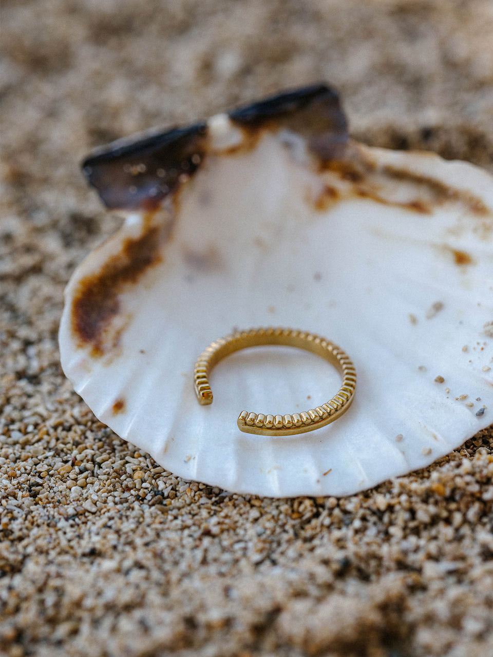 Goldener Ring mit strukturiertem Design auf einer Muschel, inspiriert von PURELEI.