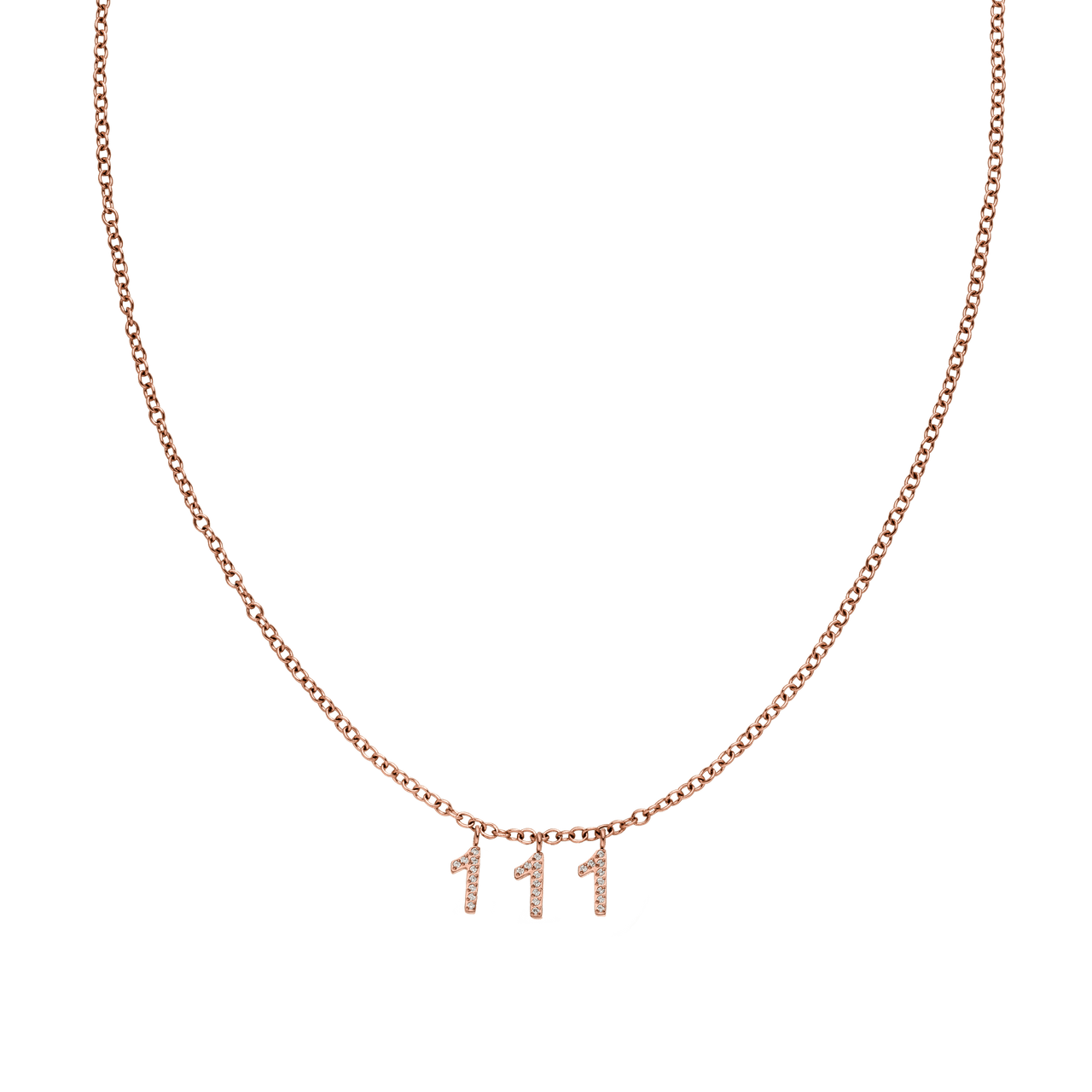 Roségoldene 111 Kette mit Zirkonia-Zahlenanhängern in Ankerkette, nickelfrei, elegant und inspirierend.