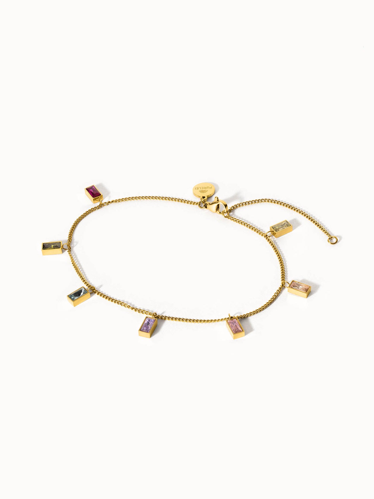 Rainbow Fusskettchen von PURELEI mit 18K vergoldetem Edelstahl und bunten Zirkonia-Steinen, elegant und lebensfroh.