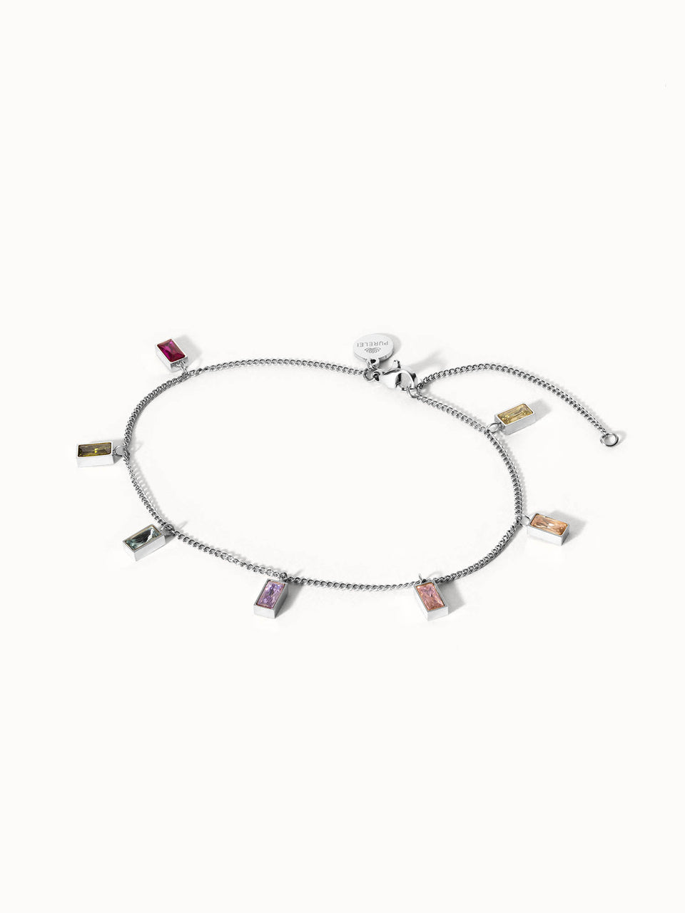 Rainbow Fusskettchen von PURELEI, silberne Fußkette mit bunten Zirkonia-Steinen, elegant und lebensfroh gestaltet.