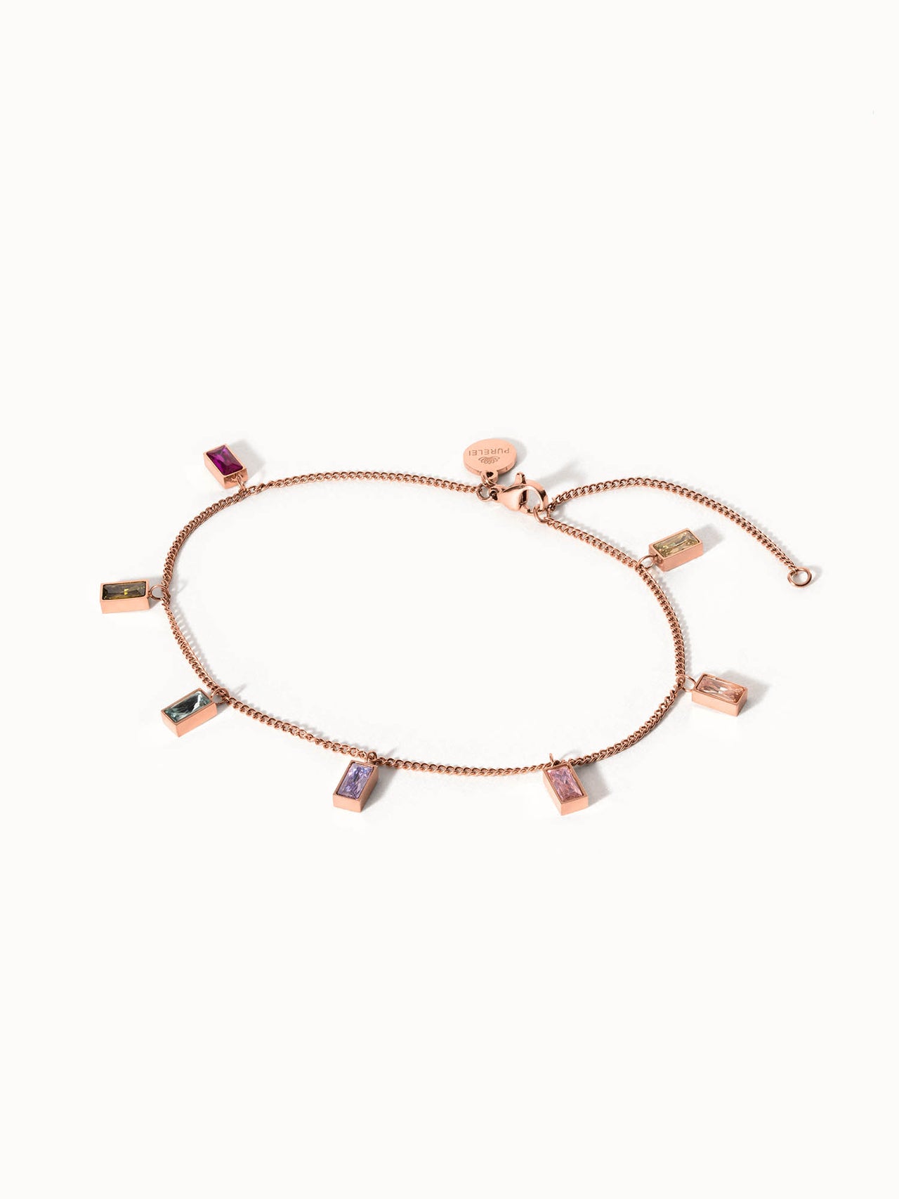 Rainbow Fusskettchen aus roségoldenem Edelstahl mit bunten Zirkonia-Steinen, elegant und lebensfroh von PURELEI.