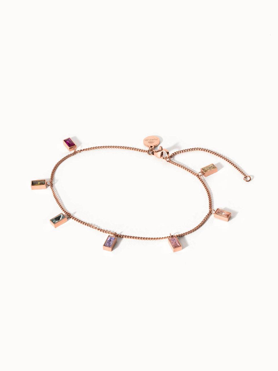 Rainbow Fusskettchen aus roségoldenem Edelstahl mit bunten Zirkonia-Steinen, elegant und lebensfroh von PURELEI.