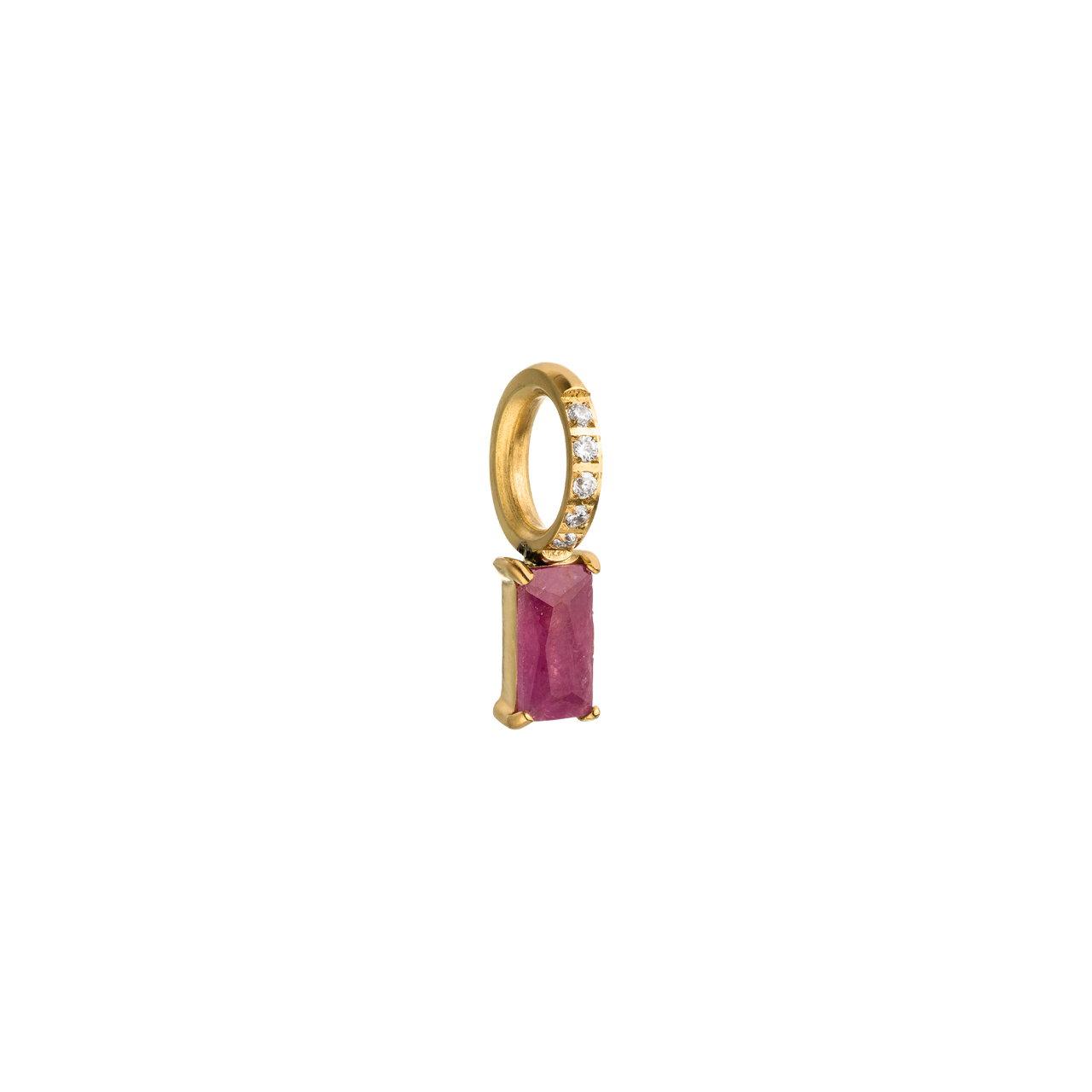 Goldener Ohrring mit pinkem Edelstein und funkelnden Zirkonia von PURELEI.