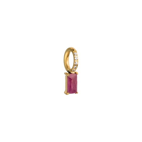 Goldener Ohrring mit pinkem Edelstein und funkelnden Zirkonia von PURELEI.