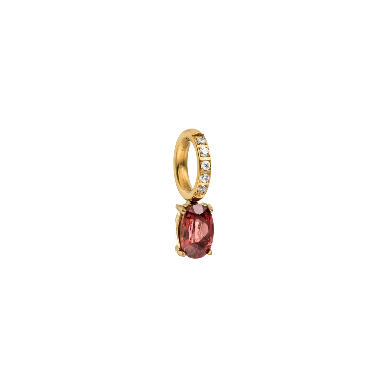 Goldener Anhänger mit rotem Stein und funkelnden Zirkonia, PURELEI. Elegante, feminine Ausstrahlung.