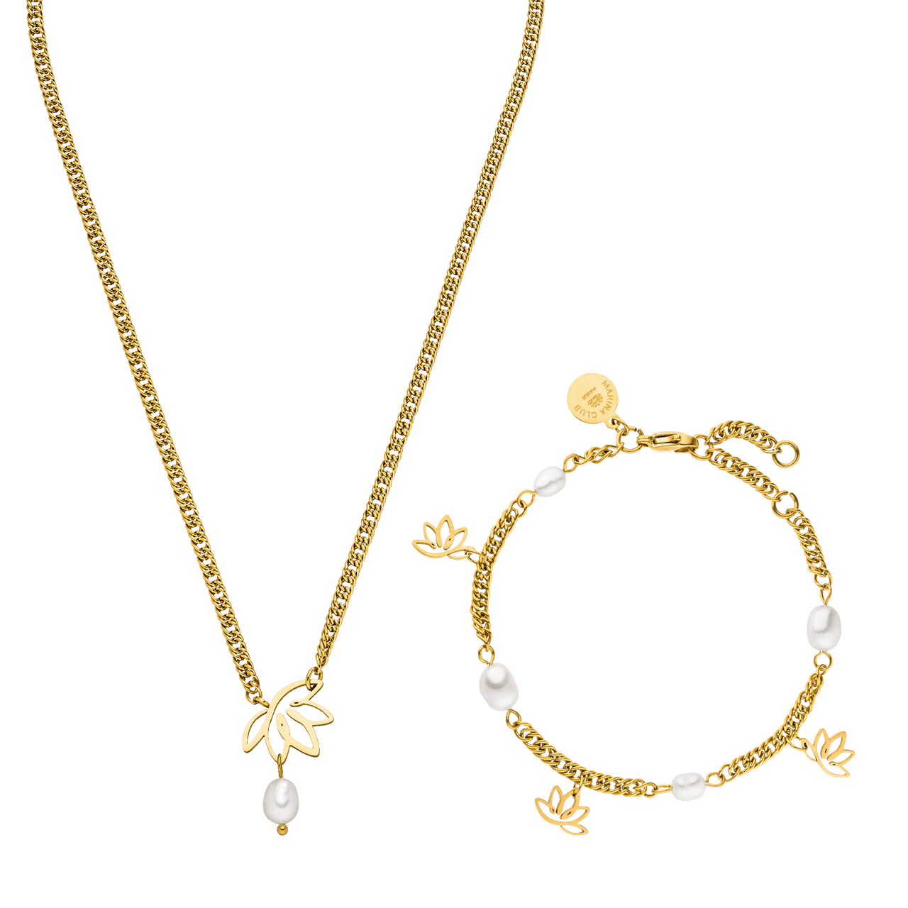 Goldene Kette und Armband mit Lotusdesign und Perlen von PURELEI.