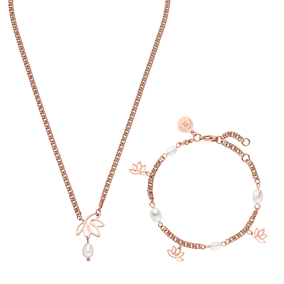 Roségoldene Kette und Armband mit Lotus-Design und Perlen von PURELEI.