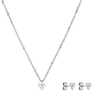 Silberne Kette mit floralem Anhänger und passenden Ohrringen von PURELEI, elegant und zeitlos.