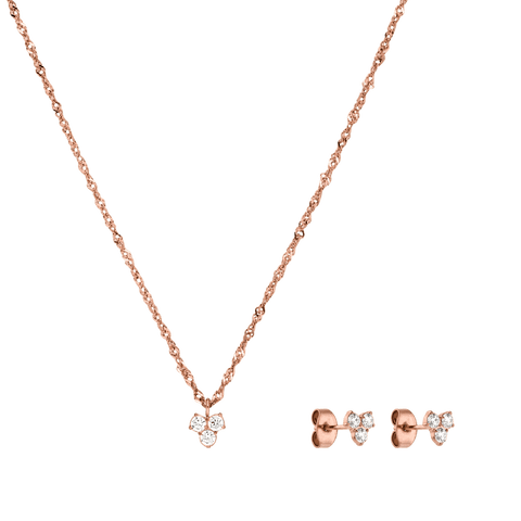 Roségoldene Kette mit funkelndem Anhänger und passende Ohrringe von PURELEI.