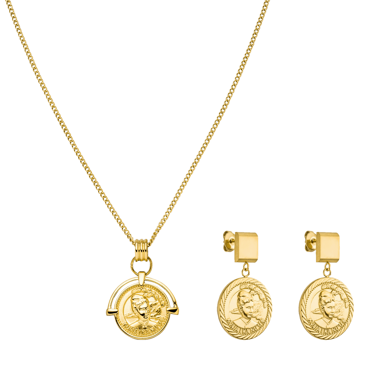 Goldene Kette und Ohrringe mit Münzdesign von PURELEI, elegant und feminin.