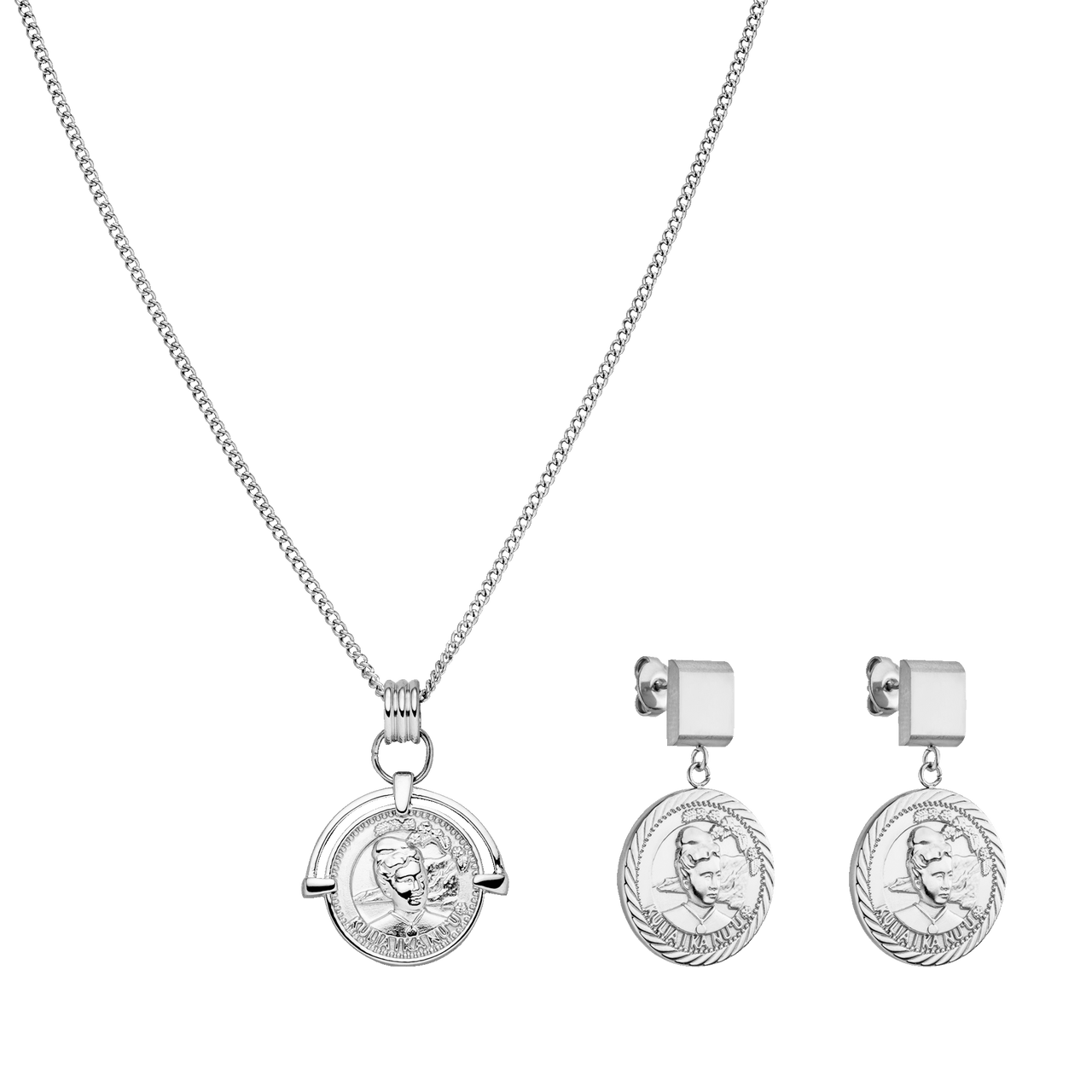 Silberne Kette und Ohrringe mit Münzdesign von PURELEI, elegant und modern.