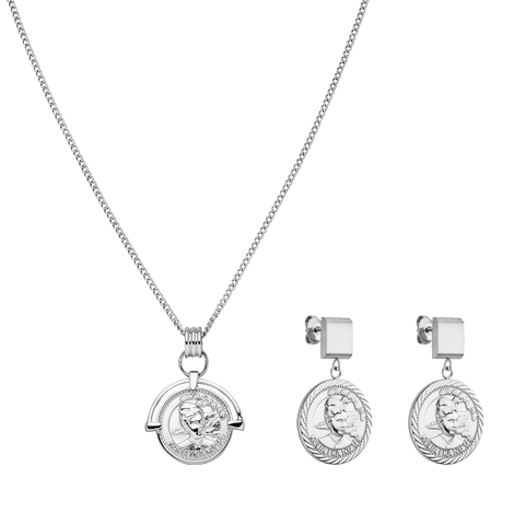 Silberne Kette und Ohrringe mit Münzdesign von PURELEI, elegant und modern.