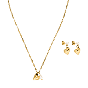 Goldene Kette mit Muschel-Anhänger und passenden Ohrringen von PURELEI, elegant und verspielt.