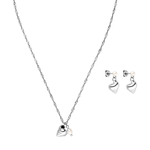 Silberne Kette mit Muschel-Anhänger und Ohrringen, PURELEI inspiriert von der Natur.