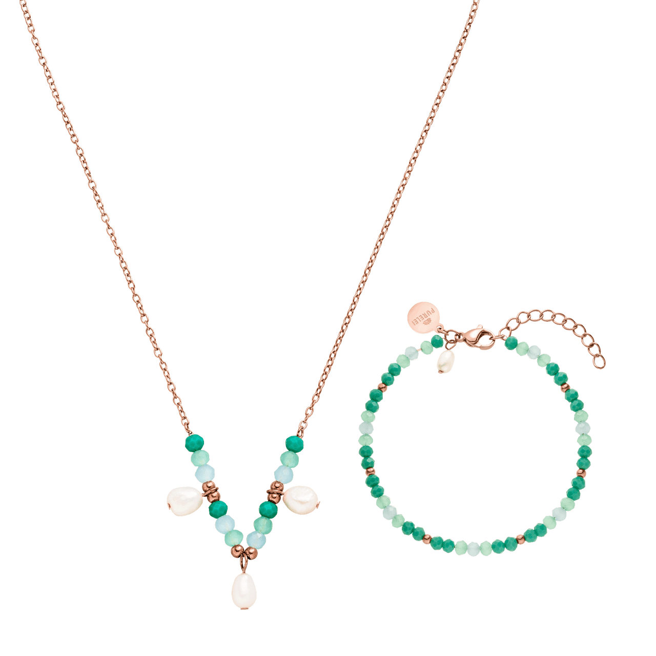 Roségoldene Kette und Armband mit grünen Perlen und Muschel-Details von PURELEI.