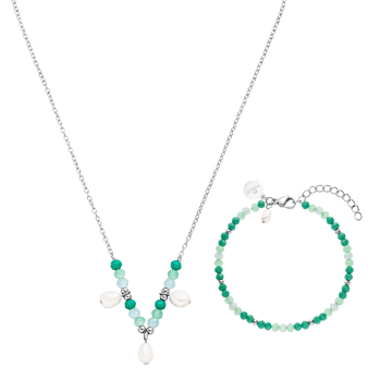 Silberne Kette und Armband mit grünen und weißen Perlen von PURELEI, frisch und elegant.