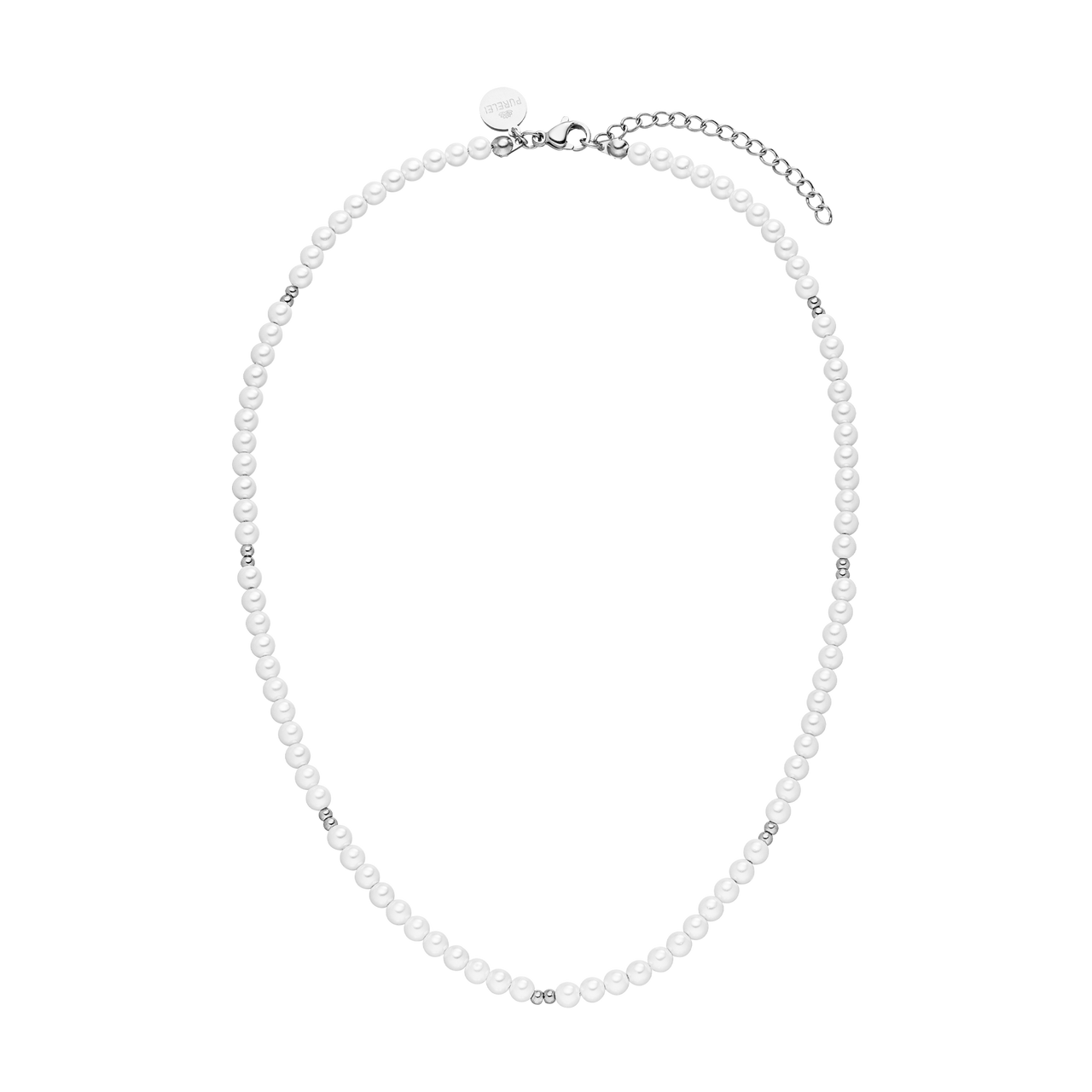 Weiße Perlenkette mit silbernen Akzenten von PURELEI, elegant und zeitlos.