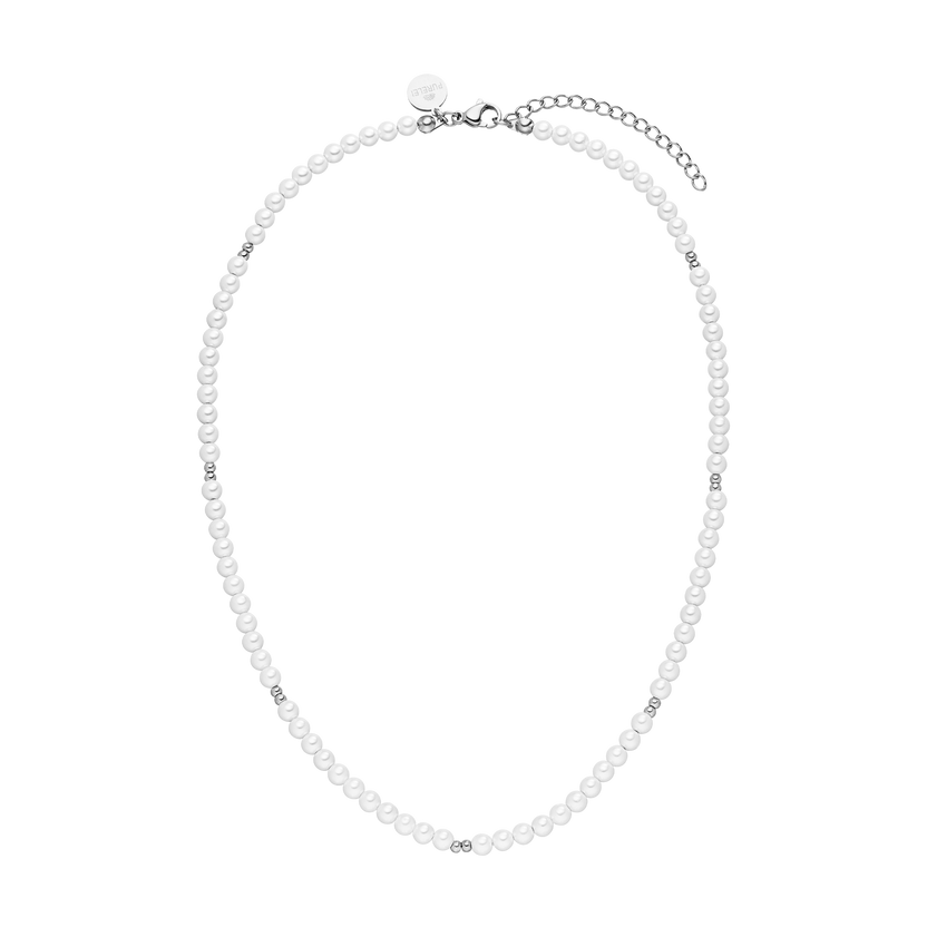 Weiße Perlenkette mit silbernen Akzenten von PURELEI, elegant und zeitlos.