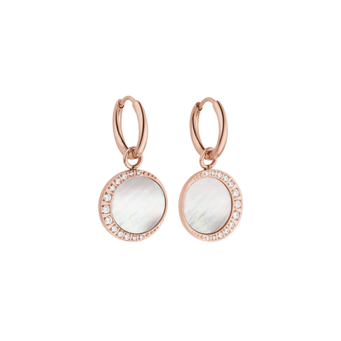 Roségoldene Ohrringe mit Muschel und Kristallen von PURELEI, elegant und feminin.