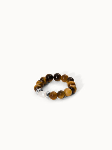 Anxiety Tiger‘s Eye Pearl Ring mit Tigerauge- und Süßwasserperlen, elastisch, PURELEI, natürliche Farbschattierungen.