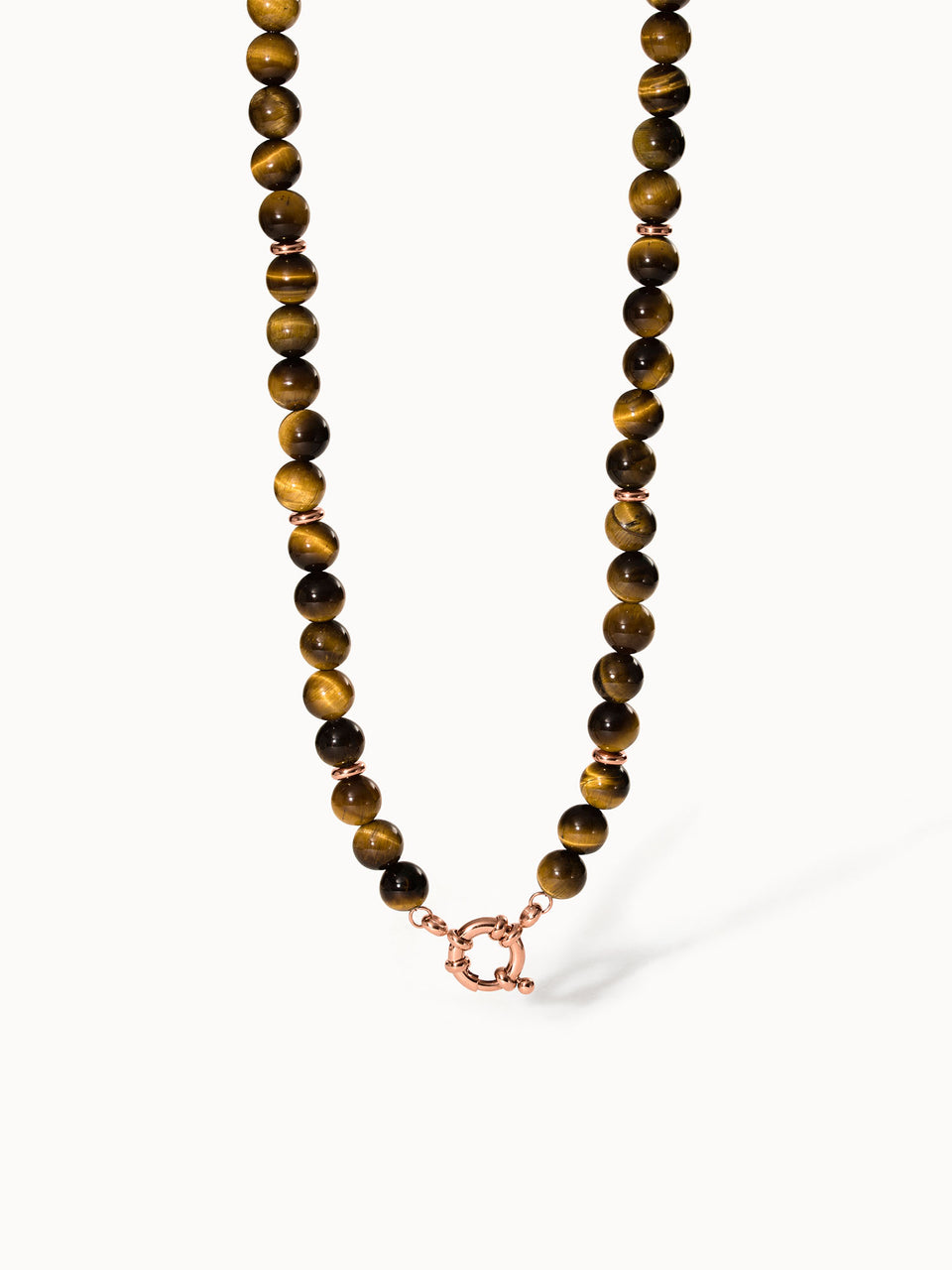 Braune Tigerauge-Kette mit rosévergoldetem Verschluss von PURELEI, elegant und natürlich.