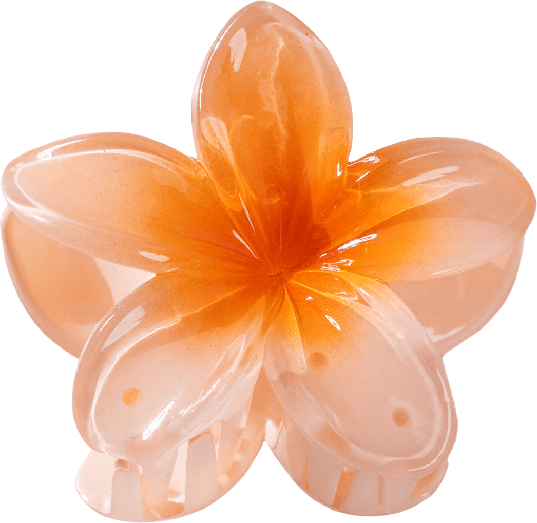 Transparente, orangefarbene Blütenhaarspange von PURELEI, inspiriert von tropischer Eleganz.