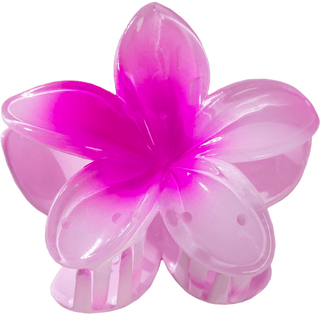 Pinkfarbener Haarclip in Blumenform von PURELEI, aus transparentem Material, verspielt und elegant.