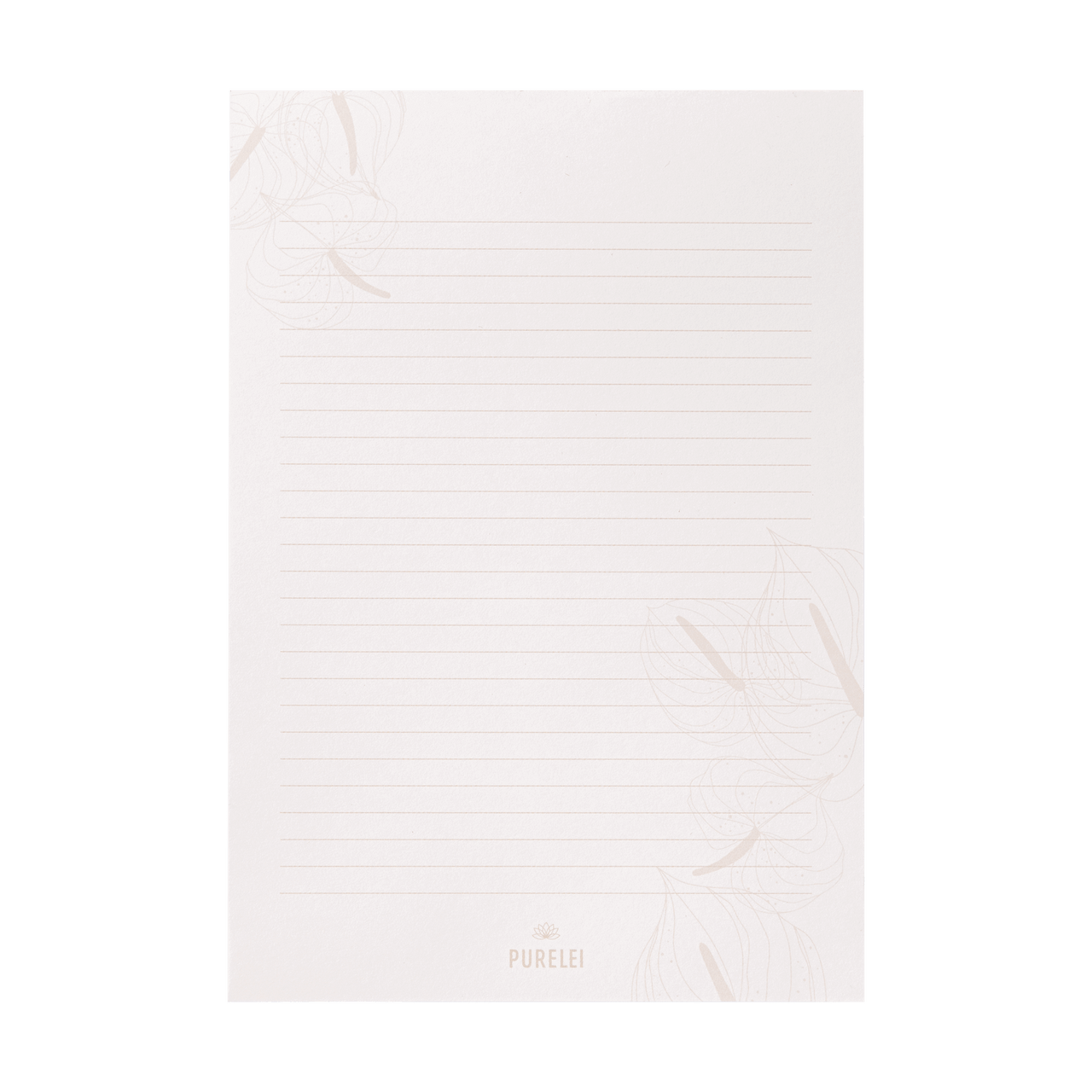 Helle, linierte Notizseite mit zarten Blättern, PURELEI-Logo am unteren Rand.