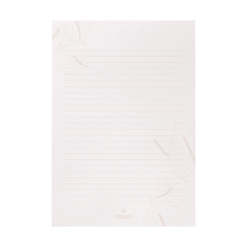 Helle, linierte Notizseite mit zarten Blättern, PURELEI-Logo am unteren Rand.