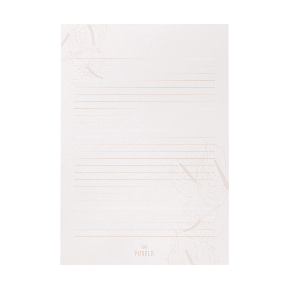 Helle, linierte Notizseite mit zarten Blättern, PURELEI-Logo am unteren Rand.