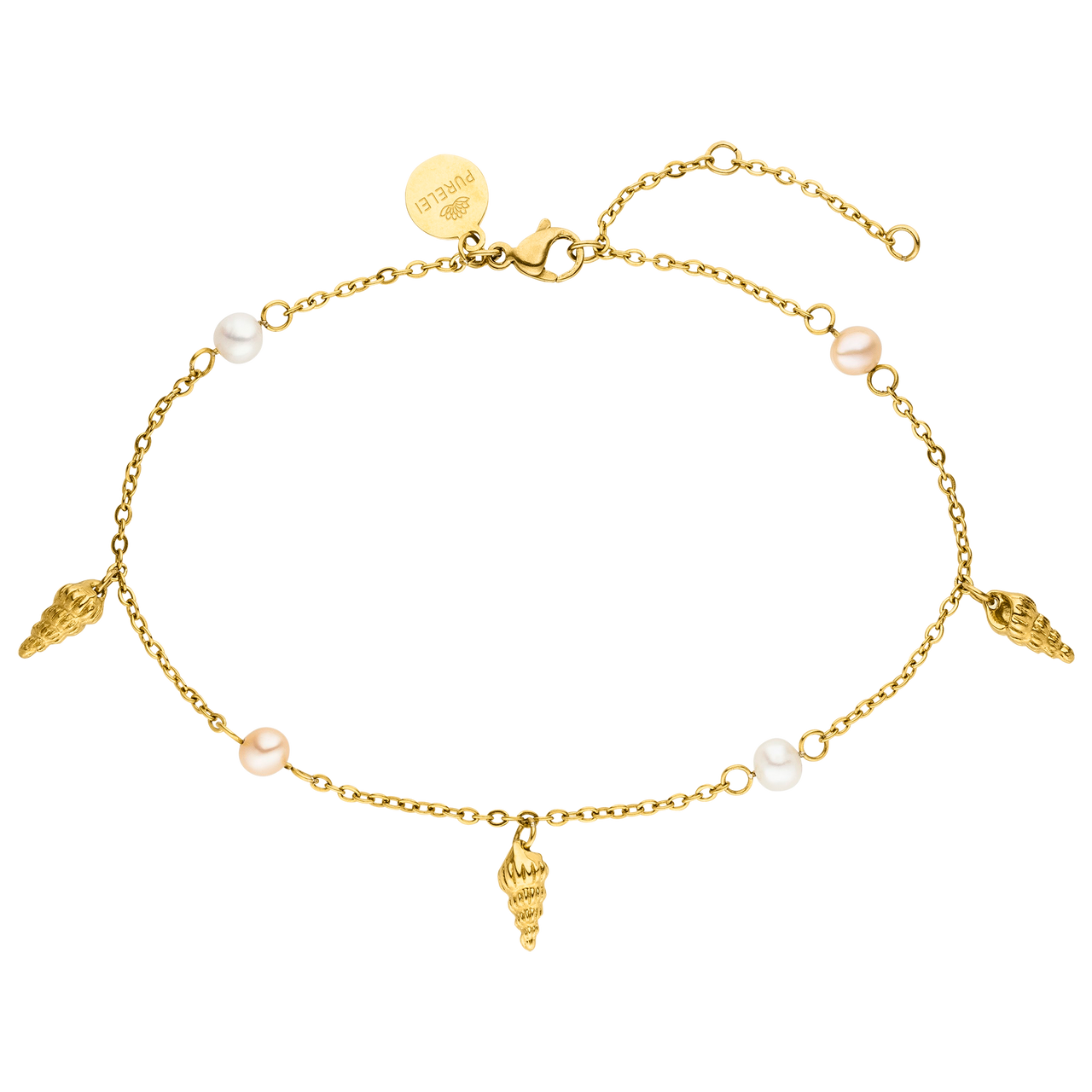 PURELEI Akala Fusskettchen aus vergoldetem Edelstahl mit Muschel-Anhängern und echten Perlen, feminin und elegant.