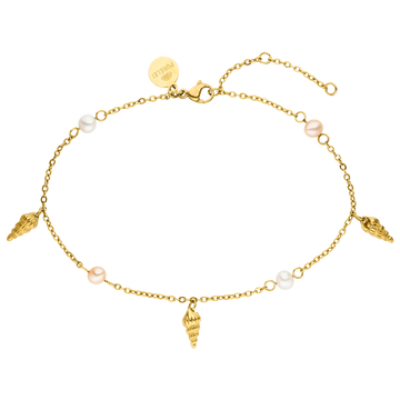 PURELEI Akala Fusskettchen aus vergoldetem Edelstahl mit Muschel-Anhängern und echten Perlen, feminin und elegant.