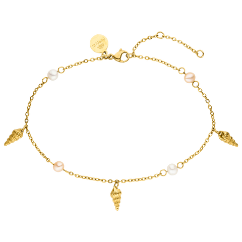 PURELEI Akala Fusskettchen aus vergoldetem Edelstahl mit Muschel-Anhängern und echten Perlen, feminin und elegant.
