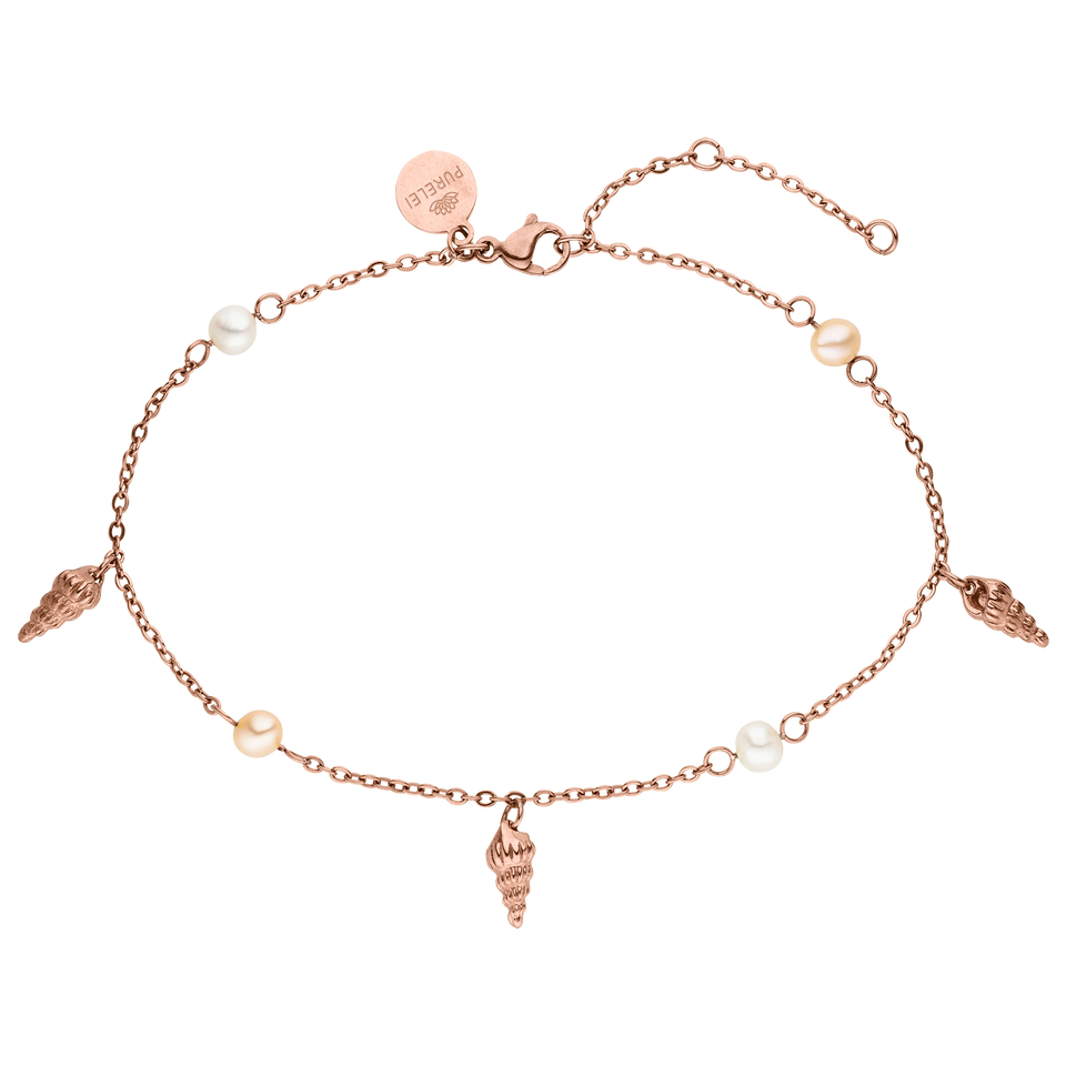 PURELEI Akala Fusskettchen Roségold mit Süßwasserperlen und Muschel-Anhängern, fein und feminin, island-spirit inspiriert