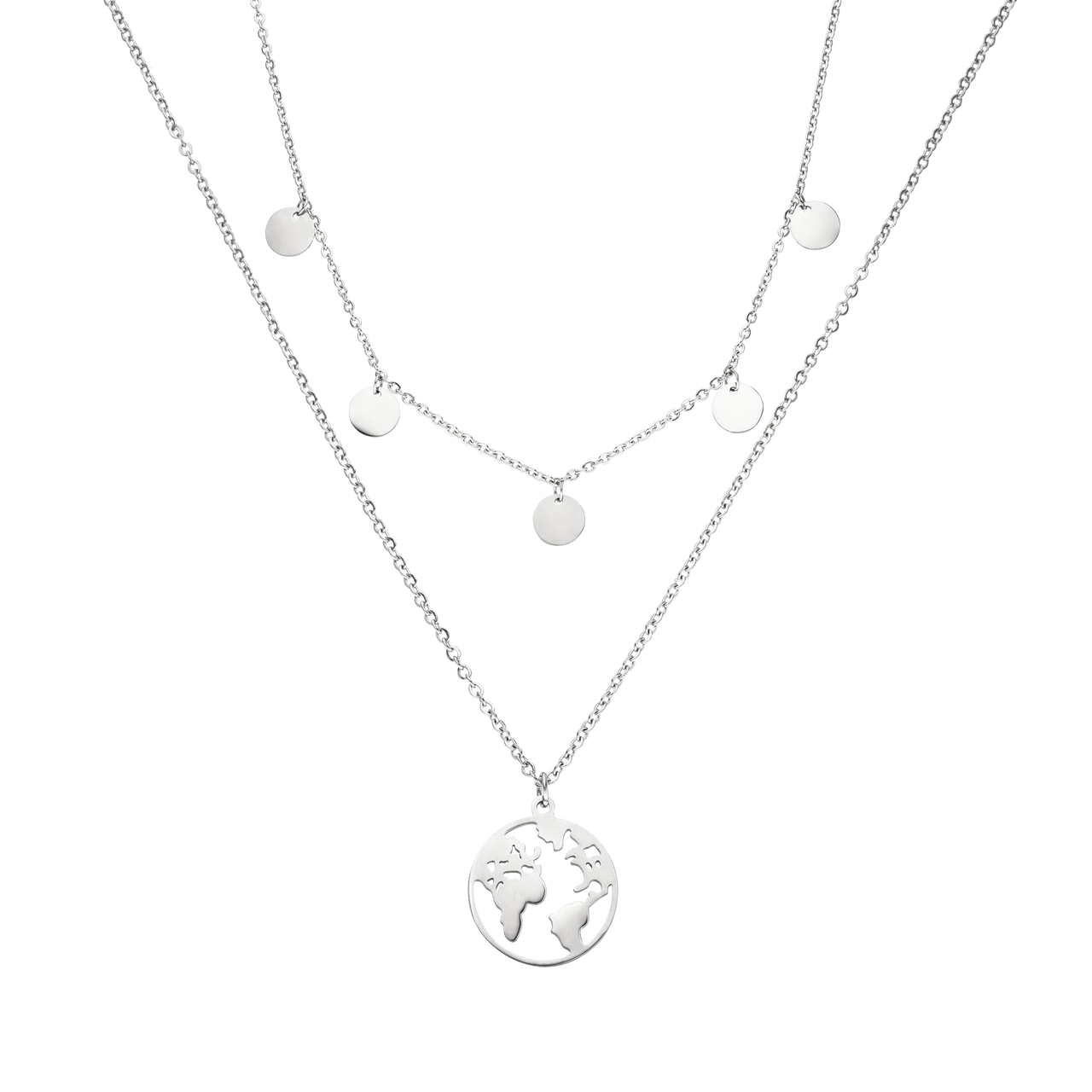 Silberne Kette mit Weltkugel-Anhänger und runden Plättchen von PURELEI